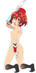 Rule 34 | 1girl, adjusting hair, arm up, ass, bad id, bad pixiv id, black socks, blush, breasts, feathers, gloves, hat, isshiki akane, looking at viewer, mizuki makoto, mouth hold, nipples, nude, palette suit, red eyes, red hair, short twintails, simple background, small breasts, socks, solo, twintails, vividred operation, white background, white gloves