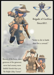 Rule 34 | 1boy, 1girl, absurdres, ankle boots, arm hug, barbed wire, bolt action, boots, border, brown hair, dark-skinned female, dark skin, english text, erica (naze1940), eye contact, frown, gun, gurkha, hand on headwear, helmet, highres, jumping, kneehighs, knife, kukri, lee-enfield, load bearing equipment, looking at another, looking to the side, military, military uniform, original, purple hair, rifle, serious, short hair, shorts, sketch, sleeves rolled up, socks, soldier, uniform, upper body, weapon, world war ii