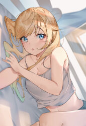 Rule 34 | 1girl, :o, absurdres, aizawa ema, blonde hair, blue eyes, blush, breasts, camisole, cleavage, collarbone, crop top, gradient hair, green hair, green shorts, highres, long hair, lying, medium breasts, midriff, multicolored hair, navel, on bed, on side, open mouth, ringozeri, shorts, solo, virtual youtuber, vspo!, white camisole
