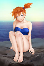 Rule 34 | 1girl, bandeau, bare arms, bare legs, bare shoulders, barefoot, bikini, blue bikini, blue eyes, breasts, cleavage, closed mouth, collarbone, creatures (company), day, easonx, feet, full body, game freak, gym leader, half-closed eyes, head tilt, highres, lips, looking at viewer, medium breasts, misty (pokemon), nintendo, orange hair, outdoors, pokemon, pokemon frlg, short hair, side ponytail, sitting, smile, solo, strapless, strapless bikini, swimsuit, toes, tube top, water, wet