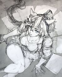Rule 34 | 1girl, animal ears, blue eyes, breasts, breasts apart, cleavage cutout, clothing cutout, coat, ear covers, feet out of frame, gloves, greyscale, highres, horse ears, horse girl, horse tail, katsuragi ace (umamusume), looking at viewer, looking up, monochrome, new (new21u), open clothes, open coat, parted lips, ponytail, shirt, short hair, short shorts, shorts, sitting, small breasts, solo, spot color, tail, thighs, umamusume