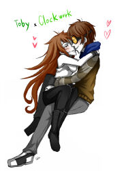 Rule 34 | 1boy, 1girl, 2013, blush, brown hair, clockwork (creepypasta), couple, creepypasta, delucat, english text, goggles, heart, highres, kiss, long hair, signature, simple background, smile, stitches, ticci toby, white background