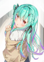 Rule 34 | 1girl, absurdres, black ribbon, blue skirt, blush, braid, brown cardigan, butterfly hair ornament, cardigan, colored inner hair, commentary request, from behind, green hair, hair between eyes, hair ornament, hair ribbon, hands up, highres, hololive, long hair, long sleeves, looking at viewer, looking back, matcha (user yyss8744), multicolored hair, off shoulder, parted lips, plaid, plaid skirt, purple hair, red eyes, ribbon, school uniform, shirt, skirt, solo, uruha rushia, uruha rushia (school uniform), virtual youtuber, white shirt