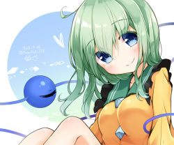 Rule 34 | 1girl, 2016, alternate hair length, alternate hairstyle, anzu ame, blue eyes, blush, breasts, closed mouth, dated, eyeball, frilled shirt collar, frills, green hair, knees up, komeiji koishi, long hair, looking at viewer, no headwear, shirt, signature, small breasts, smile, solo, third eye, touhou, twitter username, yellow shirt