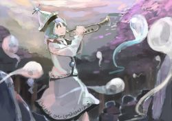 Rule 34 | 1girl, cherry blossoms, ghost, hat, ichiba youichi, instrument, long sleeves, merlin prismriver, petals, shirt, silver hair, skirt, skirt set, solo, touhou, tree, trumpet