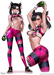 Rule 34 | 1girl, alternate costume, aqua eyes, armpits, arms up, aroma sensei, artist name, ass, asymmetrical bangs, asymmetrical hair, bare shoulders, bikini, bikini top only, black choker, black gloves, black hair, black nails, breasts, choker, closed mouth, clothes lift, commentary, contrapposto, creatures (company), cropped legs, dusk ball, dynamax band, ear piercing, earrings, from side, full body, game freak, gloves, green eyes, hair ribbon, hand on own hip, highres, holding, holding poke ball, jewelry, leggings, lips, looking at viewer, marnie (pokemon), medium breasts, medium hair, micro bikini, multicolored hair, multiple views, nail polish, navel, nintendo, pants, parted lips, patreon username, photoshop (medium), piercing, pink ribbon, poke ball, pokemon, pokemon swsh, ribbon, simple background, single earring, single glove, smile, sports bra, sports bra lift, standing, stomach, striped, swimsuit, tight clothes, tight pants, torn clothes, torn pants, twintails, two-tone hair, undercut, white background