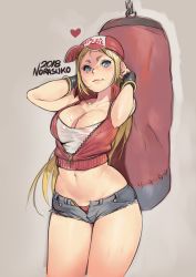Rule 34 | 1girl, 2018, arms up, artist name, baseball cap, blonde hair, blue eyes, breasts, cleavage, crop top, cutoffs, denim, denim shorts, fatal fury, fingerless gloves, gender request, genderswap, gloves, hat, heart, highres, long hair, looking at viewer, micro shorts, midriff, navel, norasuko, open fly, panties, punching bag, shirt, short shorts, shorts, simple background, sleeveless, smile, snk heroines: tag team frenzy, solo, stomach, sweat, terry bogard, the king of fighters, unbuttoned, underwear, vest, wet, wet clothes, wet shirt