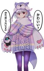 Rule 34 | 1girl, animal costume, animal hands, badge, blush, braid, breasts, fate/grand order, fate (series), gloves, grey pants, hair ribbon, highres, kama (fate), kankitsu kei, long sleeves, looking at viewer, multicolored clothes, multicolored sweater, pants, pantyhose, paw gloves, purple scarf, red eyes, ribbon, scarf, short hair, simple background, small breasts, solo, speech bubble, sweater, translation request, twin braids, white background, white hair