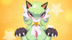 Rule 34 | 1girl, animal ears, animal hands, animated, averting eyes, bell, black gloves, blush, bob cut, bouncing breasts, breasts, cat ears, choker, claws, collarbone, colored skin, creatures (company), drunkoak, english text, fake animal ears, female focus, game freak, gardevoir, gen 3 pokemon, gloves, green choker, green hair, green skin, hair between eyes, hands up, happy, jingle bell, large breasts, live2d, looking at viewer, looking to the side, lowres, meme, multicolored skin, neck bell, nintendo, open mouth, paw gloves, pokemon, pokemon (creature), red eyes, sad cat dance (meme), shiny skin, short hair, smile, solo, star (symbol), starry background, two-tone skin, video, white skin, yellow background