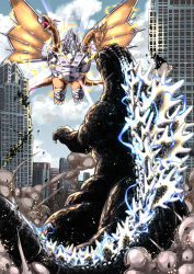 Rule 34 | blue electricity, blue sky, building, city, cloud, cyborg, day, destruction, dinosaur, dragon, dust, electricity, energy, flying, glowing, glowing eyes, glowing spikes, godzilla, godzilla (series), godzilla vs. king ghidorah, highres, hydra, kaijuu, king ghidorah, mecha, mecha-king ghidorah, multiple heads, multiple tails, no humans, robot, sky, skyscraper, smoke, solar panel, solar panel wings, tail, toho, wings, yellow electricity, zatou (kirsakizato)