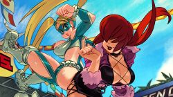 Rule 34 | 2girls, alex ahad, ass, ass-to-ass, attack, blonde hair, boots, breasts, clothing cutout, crossover, domino mask, hair over eyes, hair pulled back, heart cutout, hip attack, large breasts, lipstick, long hair, makeup, mask, multiple girls, rainbow mika, shermie (kof), smile, street fighter, street fighter zero (series), sweat, the king of fighters, the king of fighters xv, twintails, white footwear