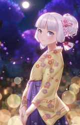 Rule 34 | 1girl, ayaka (genshin impact), blunt bangs, blurry, blurry background, blush, commentary, cowboy shot, flower, full moon, genshin impact, hair bun, hair flower, hair ornament, hakama, hakama skirt, highres, japanese clothes, kimono, lens flare, linreplica, long sleeves, looking at viewer, moon, night, night sky, outdoors, own hands together, petals, pink flower, purple eyes, purple skirt, short hair, skirt, sky, smile, solo, standing, v arms, white hair, yellow kimono