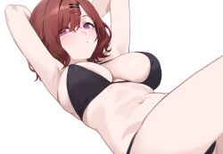 Rule 34 | 1girl, alternate breast size, armpits, arms behind head, arms up, batiao zhai, bikini, black bikini, blush, breasts, brown hair, chinese commentary, hair ornament, hairclip, highres, higuchi madoka, idolmaster, idolmaster shiny colors, large breasts, looking at viewer, navel, red eyes, simple background, solo, stomach, swimsuit, white background