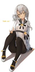 Rule 34 | 1girl, asymmetrical hair, black pantyhose, blush, commentary request, commission, dress, flower, full body, grey eyes, hair between eyes, highres, kantai collection, kemomin nosuke, long sleeves, looking at viewer, nail polish, nowaki (kancolle), pantyhose, shadow, silver hair, simple background, sitting, skeb commission, smile, solo, thank you, white background, white footwear, yellow flower, yellow nails