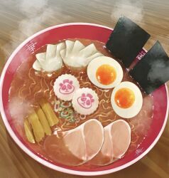 Rule 34 | aizen (syoshiyuki), bowl, dumpling, egg (food), food, food focus, highres, jiaozi, kamaboko, narutomaki, no humans, noodles, nori (seaweed), original, ramen, steam, still life