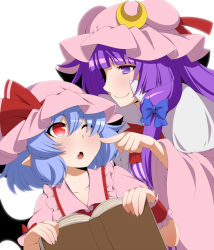 Rule 34 | 2girls, bat wings, blue hair, blush, capelet, cheek poking, coat, crescent, dress, eichi yuu, fang, hair ribbon, hat, hat ribbon, highres, mob cap, multiple girls, one eye closed, open clothes, open coat, open mouth, patchouli knowledge, pink dress, pointy ears, poking, puffy short sleeves, puffy sleeves, purple eyes, purple hair, red eyes, remilia scarlet, ribbon, short sleeves, simple background, smile, striped clothes, striped dress, touhou, tress ribbon, white background, wings, wrist cuffs, yuri