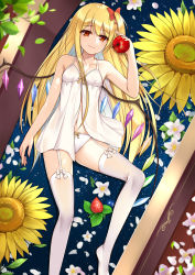 Rule 34 | 1girl, alternate hairstyle, apple, babydoll, bare arms, bare shoulders, blonde hair, bow, collarbone, crystal, feet out of frame, flan (seeyouflan), flandre scarlet, flat chest, flower, food, fruit, garter straps, hair bow, hand up, highres, holding, holding food, holding fruit, leaf, long hair, looking at viewer, navel, no shoes, one side up, panties, red bow, red eyes, sidelocks, smile, solo, spaghetti strap, strawberry, thighhighs, thighs, touhou, underwear, very long hair, white flower, white panties, white thighhighs, wings, yellow flower