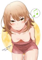 Rule 34 | 1girl, absurdres, arms behind back, bare shoulders, blonde hair, blush, breasts, breasts apart, closed mouth, collarbone, cowboy shot, downblouse, dress, half-closed eyes, happy birthday, highres, isshiki iroha, jksfs, leaning forward, light smile, looking at viewer, medium hair, musical note, pink dress, short dress, sleeveless, sleeveless dress, small breasts, solo, strapless, strapless dress, yahari ore no seishun lovecome wa machigatteiru., yellow eyes