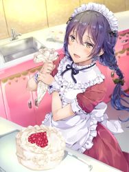 Rule 34 | 10s, 1girl, :d, alternate hairstyle, apron, black ribbon, blue hair, blush, bow, braid, cake, center frills, commentary request, dress, food, frilled apron, frilled cuffs, frilled shirt collar, frills, hair bow, heart, highres, hinausa, kitchen, light blush, long hair, looking at viewer, love live!, love live! school idol festival, love live! school idol project, maid headdress, open mouth, pastry bag, ribbon, short sleeves, single braid, sink, smile, solo, sonoda umi, tray, wrist cuffs, yellow eyes
