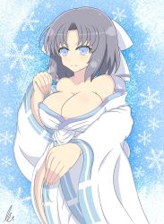 Rule 34 | 1girl, bare shoulders, blue hair, bow, breasts, cleavage, fingernails, grey hair, hair bow, highres, japanese clothes, kimono, large breasts, light blue hair, low neckline, monopoyo1, off shoulder, parted bangs, ribbon-trimmed kimono, senran kagura, short hair, snowflakes, solo, striped, striped bow, white bow, white kimono, wide sleeves, yumi (senran kagura)