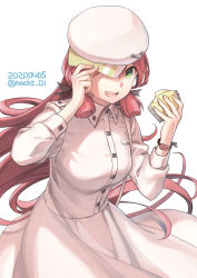 Rule 34 | 1girl, :d, akashi (kancolle), black ribbon, breasts, commentary request, cowboy shot, dated, dress, flat cap, flower bracelet, food, green eyes, hair ribbon, hand on headwear, hat, holding, holding food, kantai collection, long hair, long sleeves, looking at viewer, medium breasts, nacht (nacht 01), open mouth, pink hair, ribbon, sidelocks, smile, solo, teeth, tress ribbon, twitter username, upper teeth only, very long hair, white dress, white hat, wrapper