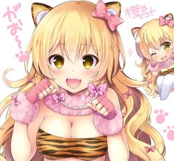 Rule 34 | 1girl, :d, ;d, animal ears, animal print, bad id, bad twitter id, bandeau, blonde hair, blush, bow, breasts, cat ears, chibi, chibi inset, cleavage, commentary request, fangs, fingerless gloves, fur collar, gao, gloves, hair bow, jewelry, long hair, medium breasts, multiple views, necklace, one eye closed, open mouth, original, pantyhose, paw pose, paw print, pearl necklace, pink bow, pink gloves, polka dot, polka dot bow, sakurai makoto (custom size), signature, smile, teeth, tiger ears, tiger print, upper body, upper teeth only, wavy hair, white background, white pantyhose, wristband, yellow eyes