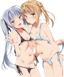 Rule 34 | 2girls, absurdres, assisted exposure, bikini, black bikini, black ribbon, blue bikini, blush, breast press, breasts, brown eyes, closed mouth, double bun, grey hair, hair bun, hair ribbon, half-closed eyes, highres, kantai collection, kasumi (kancolle), light brown hair, long hair, looking at viewer, michishio (kancolle), micro bikini, mtu (orewamuzituda), multiple girls, navel, open mouth, partially visible vulva, ribbon, short twintails, side-tie bikini bottom, side ponytail, simple background, small breasts, smile, standing, swimsuit, symmetrical docking, twintails, untying, v, white background