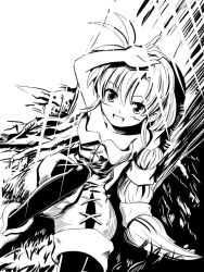 Rule 34 | 1girl, against tree, bare shoulders, braid, breasts, commentary request, edobox, greyscale, long hair, looking at viewer, monochrome, multi-tied hair, open mouth, pantyhose, saga, saga frontier, saga frontier 2, single braid, small breasts, smile, solo, tree, virginia knights