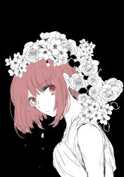 Rule 34 | arima kana, black background, closed mouth, dress, flower, hair flower, hair ornament, looking at viewer, oshi no ko, osnk rya, red eyes, red hair, short hair, unhappy, white dress, white flower