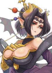 1girl absurdres bare_shoulders black_eyes black_hair black_wings breasts cleavage commission demon_girl demon_horns demon_wings digimon facial_mark forehead_mark hair_between_eyes highres horns large_breasts lilithmon multiple_wings pointy_ears simple_background skeb_commission solo sujikobsujio white_background wings