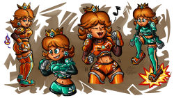 Rule 34 | 1girl, absurdres, angry, ass, ass grab, blue eyes, breasts, brown hair, crown, earrings, fire, fire, flower, flower earrings, gloves, grabbing own ass, grin, highres, jewelry, laughing, mario (series), mario strikers charged, midriff, music, musical note, navel, nintendo, princess daisy, shorts, singing, smile, tomboy