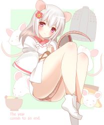 Rule 34 | 1girl, absurdres, animal, animal ears, ass, bell, between legs, blush, bowl, chinese zodiac, closed mouth, commentary request, english text, flower, food, grey hair, hair between eyes, hair flower, hair ornament, highres, interlocked fingers, japanese clothes, kimono, kotatsu, long hair, looking at viewer, mouse (animal), mouse ears, mouse girl, mouse tail, no shoes, non (wednesday-classic), noodles, original, own hands clasped, own hands together, personification, pink eyes, red flower, short kimono, shrimp, shrimp tempura, smile, socks, solo, tabi, table, tail, tail between legs, tail censor, tempura, thighs, white kimono, white socks, year of the rat