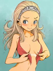 Rule 34 | 1girl, anlucea, blonde hair, blue eyes, blush, breasts, closed mouth, collarbone, dragon quest, dragon quest x, hairband, highres, long hair, looking at viewer, medium breasts, mole, mole under mouth, muramasa mikado, revealing tanlines, simple background, smile, solo, swimsuit, tan, tanline, tanlines, undressing