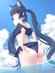 Rule 34 | 1girl, adjusting clothes, adjusting swimsuit, animal ear fluff, animal ears, ass, bananafish1111, bare shoulders, bikini, black bikini, black hair, blue archive, cat ears, closed mouth, day, frilled bikini, frills, frown, highres, long hair, looking at viewer, looking back, off-shoulder bikini, off shoulder, outdoors, red eyes, serika (blue archive), serika (swimsuit) (blue archive), solo, sweatdrop, swimsuit, thighs, twintails, wading pool, water, wedgie, wet