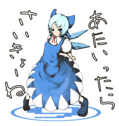 Rule 34 | circled 9, 1girl, blue eyes, blue hair, bow, cirno, dress, female focus, hair bow, ice, ice wings, laboto, looking at viewer, matching hair/eyes, phantasmagoria of flower view, pigeon-toed, short hair, smirk, smug, solo, touhou, translated, wings