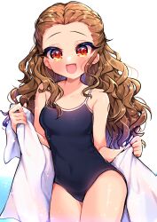 Rule 34 | 1girl, absurdres, adachi (nogami nono), blue one-piece swimsuit, blush, braid, braided bangs, breasts, collarbone, covered navel, forehead, highres, holding, holding towel, idolmaster, idolmaster cinderella girls, looking at viewer, one-piece swimsuit, school uniform, seki hiromi, small breasts, smile, solo, swimsuit, towel, wavy hair, white towel