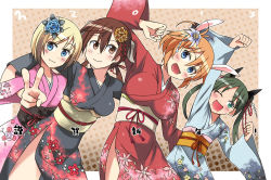 Rule 34 | 10s, 2013, 4girls, ;d, aqua eyes, blonde hair, blue eyes, breasts, brown eyes, brown hair, charlotte e. yeager, clenched hand, clenched hands, erica hartmann, fang, floral print, flower, francesca lucchini, furisode, gertrud barkhorn, green hair, hair flower, hair ornament, halftone, halftone background, happy new year, japanese clothes, kanzashi, kimono, large breasts, multiple girls, new year, obi, one eye closed, open mouth, raised fist, sash, smile, strike witches, twintails, v, wink, world witches series, yukata, yuuta (tokoton hirune hiyori)