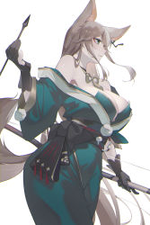 Rule 34 | 1girl, animal ears, arrow (projectile), bare shoulders, black gloves, bow (weapon), breasts, brown hair, cleavage, collarbone, dog ears, dog tail, eyeliner, genshin impact, gloves, green eyes, green kimono, hair ornament, highres, hina (genshin impact), japanese clothes, jewelry, kaneko (bblogtinhan), kimono, large breasts, long hair, long sleeves, makeup, multicolored hair, neck ring, off shoulder, pom pom (clothes), pom pom hair ornament, sash, solo, streaked hair, tail, tassel, weapon, white hair, wide sleeves
