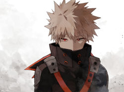 Rule 34 | 1boy, bakugou katsuki, black bodysuit, blonde hair, bodysuit, boku no hero academia, coi mha, commentary, covered mouth, gradient background, grey background, looking at viewer, male focus, official alternate costume, red bodysuit, red eyes, short hair, simple background, solo, spiked hair, upper body