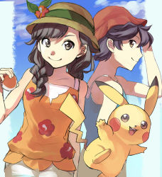 Rule 34 | 1boy, 1girl, bare shoulders, black hair, blue sky, braid, bucket hat, closed mouth, cloud, cloudy sky, creatures (company), day, elio (pokemon), eyebrows, flat chest, flower, from side, game freak, gen 1 pokemon, hair between eyes, hair flaps, hand on own head, hat, highres, holding, long hair, looking at viewer, looking to the side, nintendo, orange shirt, pikachu, poke ball, poke ball (basic), pokemon, pokemon (creature), pokemon usum, selene (pokemon), selene (pokemon usum), shirt, short hair, shorts, simple background, sky, sleeveless, sleeveless shirt, smile, standing, tank top, upper body, white shirt, white shorts, you (pokemon usum), yu (mekeneko1998)