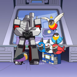 Rule 34 | 1980s (style), 6+boys, animal, animalization, arm cannon, artist name, bird, cannon, computer, decepticon, dirge (transformers), full body, gufu.k, looking at viewer, machinery, male focus, megatron, monitor, multiple boys, no humans, oldschool, open mouth, personification, ramjet, red eyes, retro artstyle, shockwave (transformers), skywarp, soundwave (transformers), standing, starscream, tape recorder, thrust (transformers), thundercracker, transformers, weapon, yellow eyes