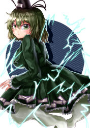 Rule 34 | 1girl, absurdres, black hat, black ribbon, breasts, closed mouth, commentary request, dress, frilled dress, frilled sleeves, frills, from side, ghost tail, green dress, green eyes, green hair, hair between eyes, hat, hat ribbon, highres, large breasts, long sleeves, looking at viewer, looking to the side, mahoro (minase mahoro), ribbon, soga no tojiko, solo, tate eboshi, touhou