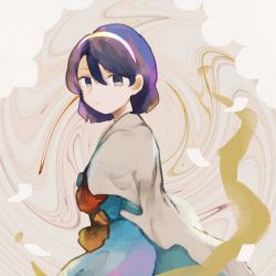 Rule 34 | 1girl, :/, blue eyes, blue hair, cape, commentary, hair between eyes, hairband, long sleeves, looking at viewer, multicolored clothes, multicolored headwear, patchwork clothes, rainbow gradient, s hirono28, short hair, solo, tenkyuu chimata, touhou, white cape