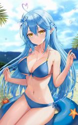 Rule 34 | 1girl, arms up, beach, bikini, blue hair, blue nails, blue sky, blurry, blurry background, blush, breasts, cleavage, closed mouth, cloud, collarbone, crab, day, flower, hair flower, hair ornament, highres, hololive, innertube, large breasts, long hair, looking at viewer, nail polish, navel, ocean, outdoors, pointy ears, sand, sauvignon, side-tie bikini bottom, sitting, sky, smile, solo, starfish, stomach, string bikini, swim ring, swimsuit, thighs, very long hair, virtual youtuber, water drop, wet, white flower, yellow eyes, yukihana lamy