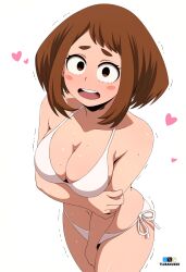 1girl bikini blush boku_no_hero_academia breasts brown_eyes brown_hair cleavage fanbox_logo heart highres large_breasts looking_at_viewer medium_hair motion_lines nose_blush open_mouth pixiv_logo simple_background solo sweat swimsuit trembling tsuranukko twitter_x_logo uraraka_ochako white_background white_bikini