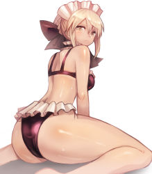 Rule 34 | arm support, artoria pendragon (all), artoria pendragon (alter swimsuit rider) (second ascension) (fate), artoria pendragon (fate), ass, bikini, black bikini, blonde hair, blush, breasts, commentary, fate (series), feet out of frame, frilled bikini, frills, highres, large breasts, legs, looking at viewer, looking back, maid headdress, ribbon, saber (fate), saber alter, shadow, short hair with long locks, simple background, sitting, solo, sookmo, sweatdrop, swimsuit, wariza, white background, yellow eyes