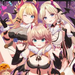 Rule 34 | 3girls, :p, aisu (i ce pinon pino), alternate costume, aqua eyes, azur lane, bird, black garter straps, black gloves, blonde hair, blue eyes, blue nails, blush, braid, breasts, brest (azur lane), candy, chick, claw pose, cleavage, commission, demon horns, demon wings, fake horns, food, garter straps, gloves, gradient hair, halloween, halloween costume, hands up, heart, highres, horns, howe (azur lane), large breasts, long hair, looking at viewer, manjuu (azur lane), multicolored hair, multiple girls, navel, open mouth, parted bangs, pointy ears, red hair, red horns, red nails, skeb commission, stomach, thighhighs, tongue, tongue out, victorious (azur lane), white thighhighs, wings