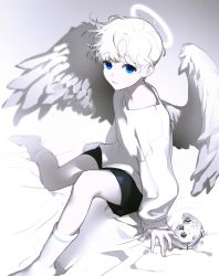 Rule 34 | 1boy, angel, angel wings, bed sheet, black shorts, blue eyes, controller, feathered wings, feet out of frame, frown, game controller, grey background, halo, highres, knee up, long sleeves, looking at viewer, male focus, muksal, no shoes, on bed, original, pale skin, short hair, shorts, sitting, sleeves past wrists, socks, solo, white hair, white socks, white wings, wings