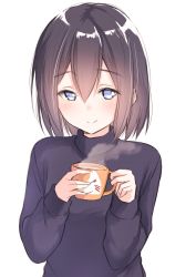 Rule 34 | 1girl, bad id, bad twitter id, blue eyes, blue sweater, closed mouth, commentary request, cup, hair between eyes, holding, holding cup, long sleeves, looking at viewer, original, purple hair, short hair, simple background, smile, solo, suzunari shizuku, sweater, upper body, white background, yuki arare