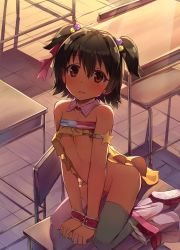 Rule 34 | 10s, 1girl, absurdres, akagi miria, arm support, arms between legs, asymmetrical legwear, bare shoulders, black hair, blush, bow, bow panties, brown eyes, classroom, clothes pull, commentary request, desk, detached collar, fang, flat chest, hair bobbles, hair ornament, highres, idolmaster, idolmaster cinderella girls, kneeling, long hair, looking at viewer, mismatched legwear, navel, on desk, open mouth, panties, panties around leg, pikapikapop, school, school desk, seneto, short hair, skirt, skirt around one leg, skirt pull, solo, thighhighs, twintails, two side up, underwear, v arms, white panties, wrist cuffs